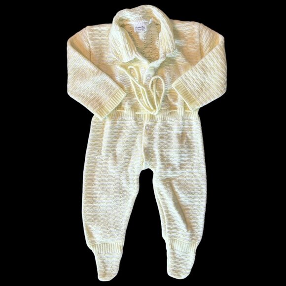 Vintage Pastel Yellow Knit Footed Romper With Swans 12 M - Picture 1 of 6
